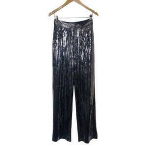 JLUXLABEL Silver Metallic Sequins Front Pleated Trousers Pants Wide-Leg Size S